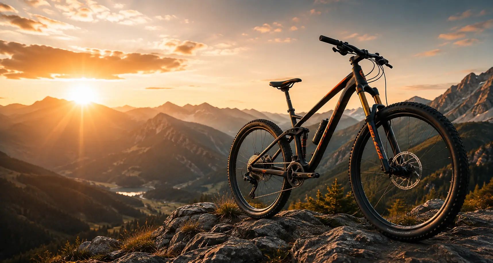 Mountain bike overlooking a mountain valley at sunset