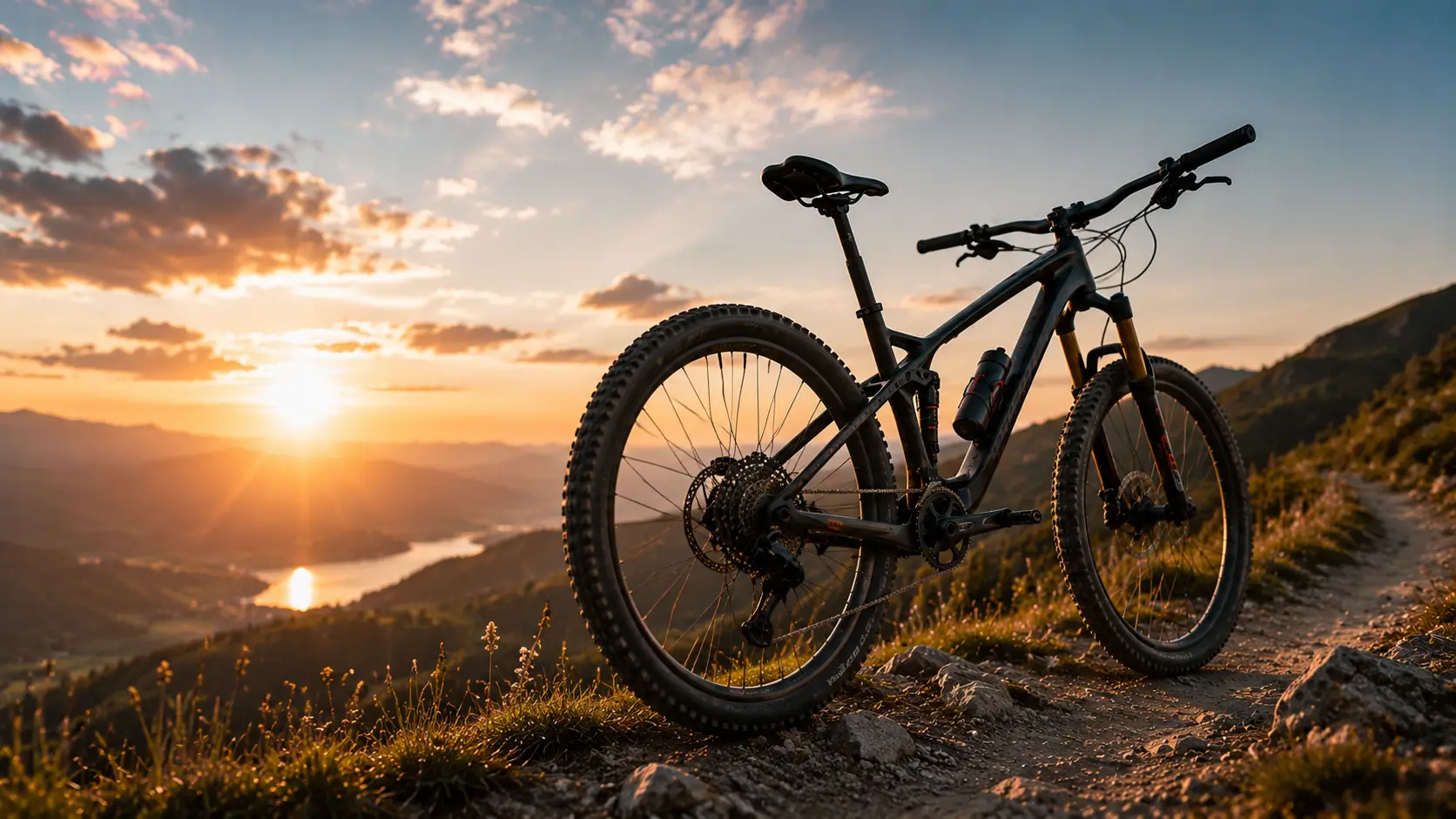 Cyclist riding down a mountain trail at sunset